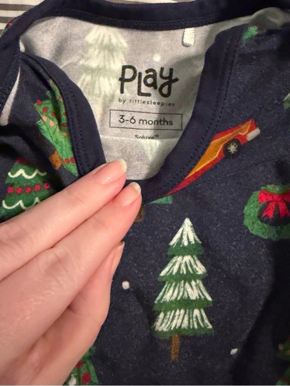 Little sleepies Christmas Holiday Tree Print Long Sleeve Onesie - Navy 3-6M - Picture 3 of 3